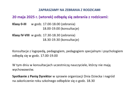 ZAPRASZAMY NA ZEBRANIA Z  RODZICAMI