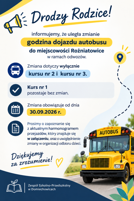  Zmiana godziny dojazdu autobusu do miejscowości Rożniatowice (odwozy) od 30.09.2026