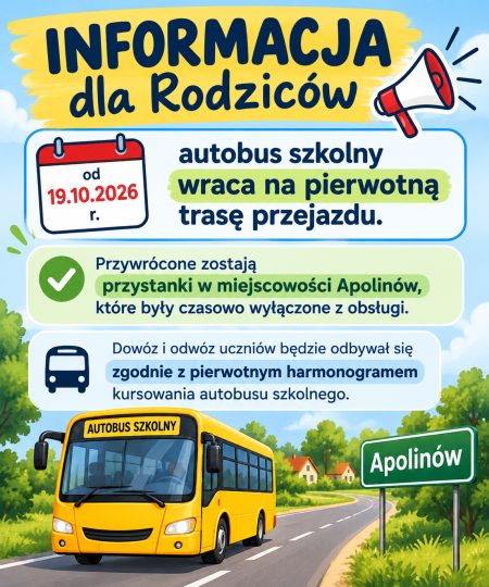 INFORMACJA DLA RODZICÓW DOT. AUTOBUSU